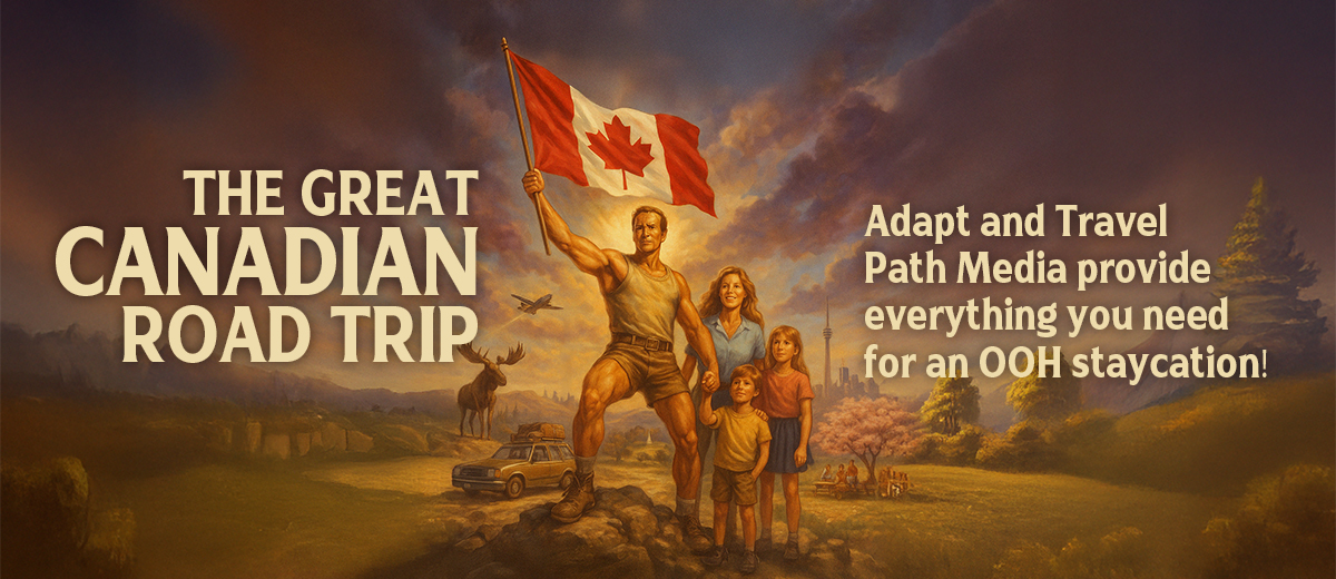 The Great Canadian Road Trip 2025 Illustration of a muscular man holding a Canadian flag triumphantly, standing with a family in a scenic Canadian landscape featuring a moose, car, airplane, and the Toronto skyline.