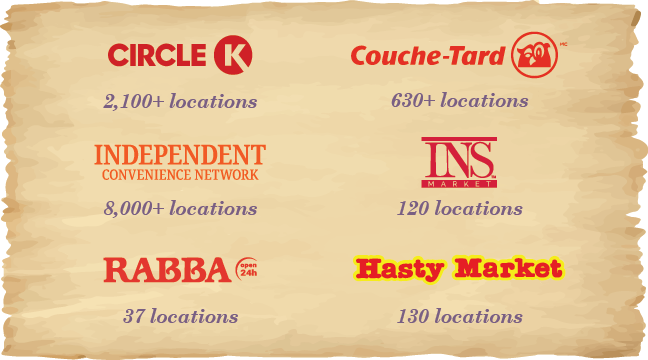 Convenience Store Partners Across Canada Logos and location counts of major Canadian convenience store chains, including Circle K, Couche-Tard, Independent Convenience Network, INS Market, Rabba, and Hasty Market.