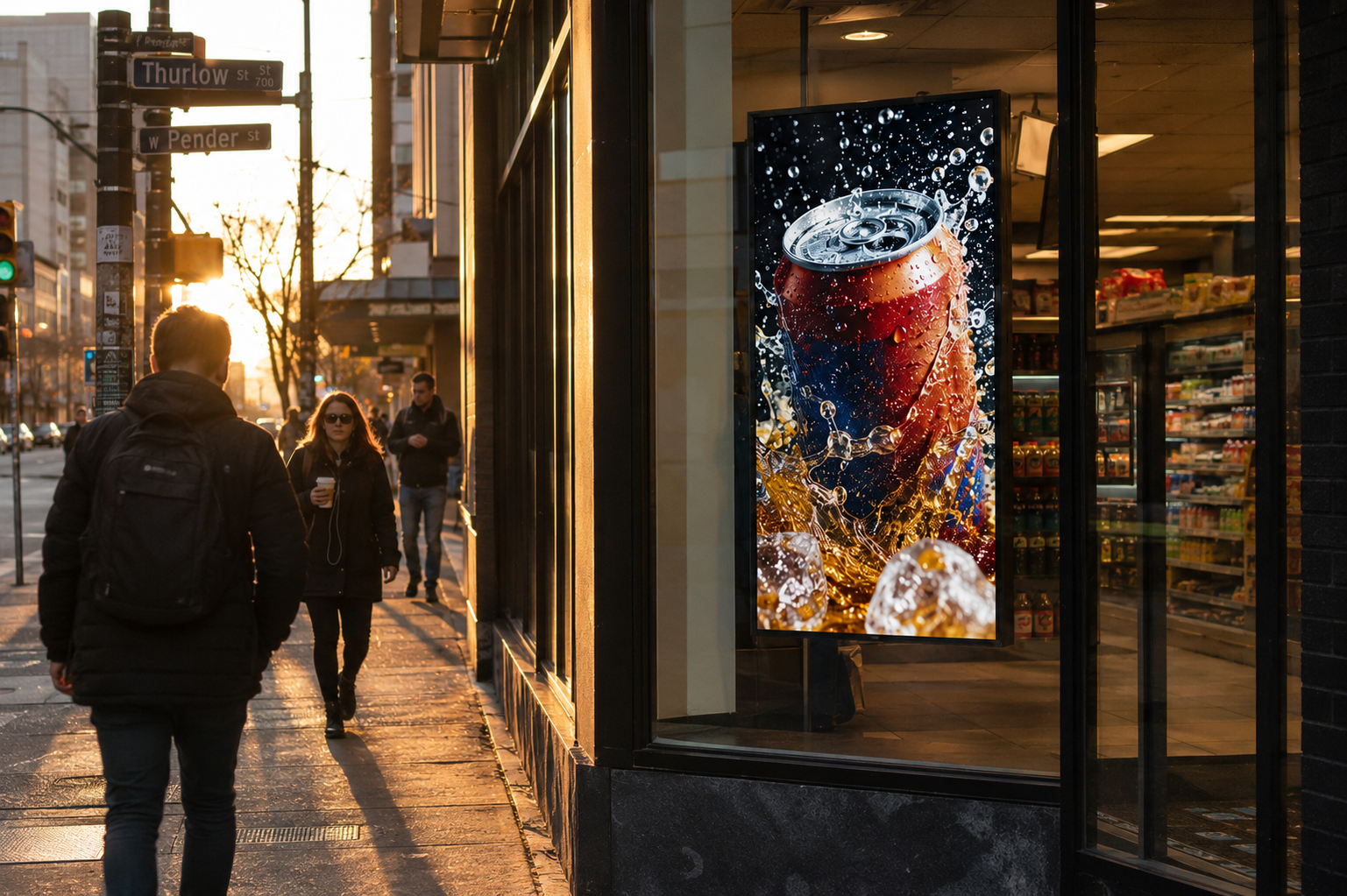 Pedestrian walking past a Canadian convenience store and glancing at a vertical DOOH screen mounted in the storefront window.