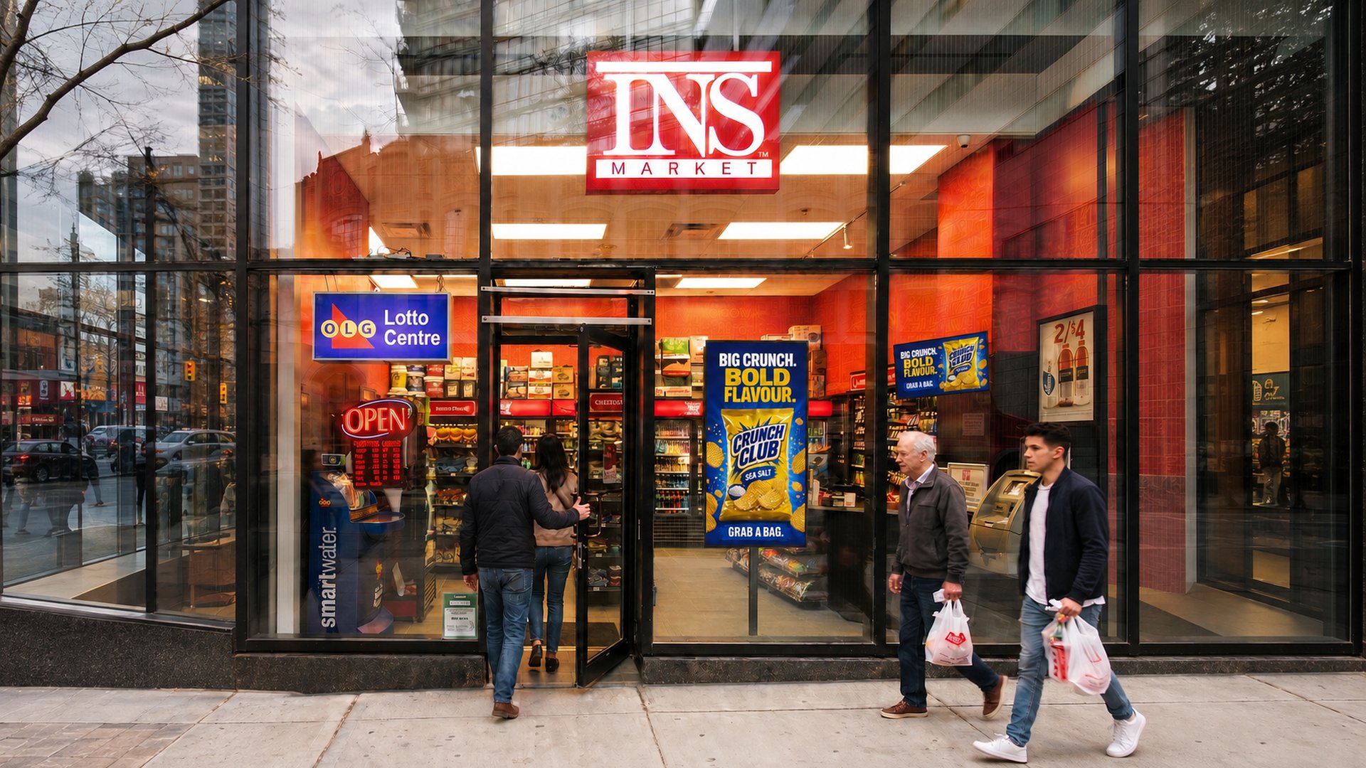 Shoppers outside a convenience store in Canada with digital advertising screens in the window