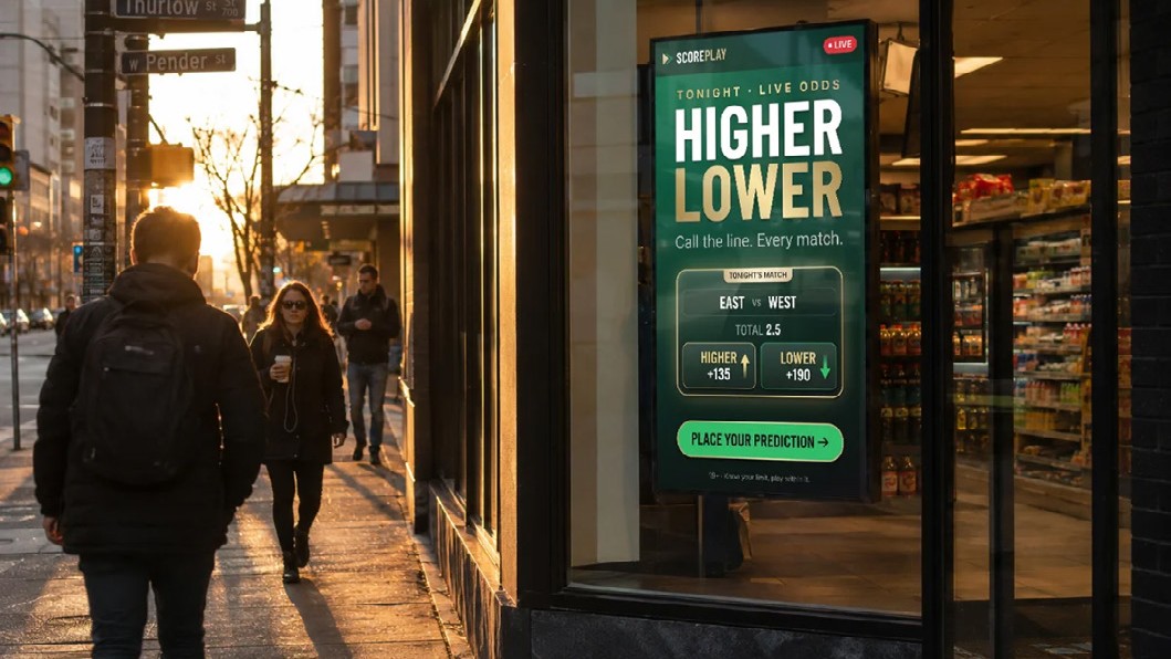 Digital out-of-home screen on a neighbourhood street corner beside an Ontario convenience store