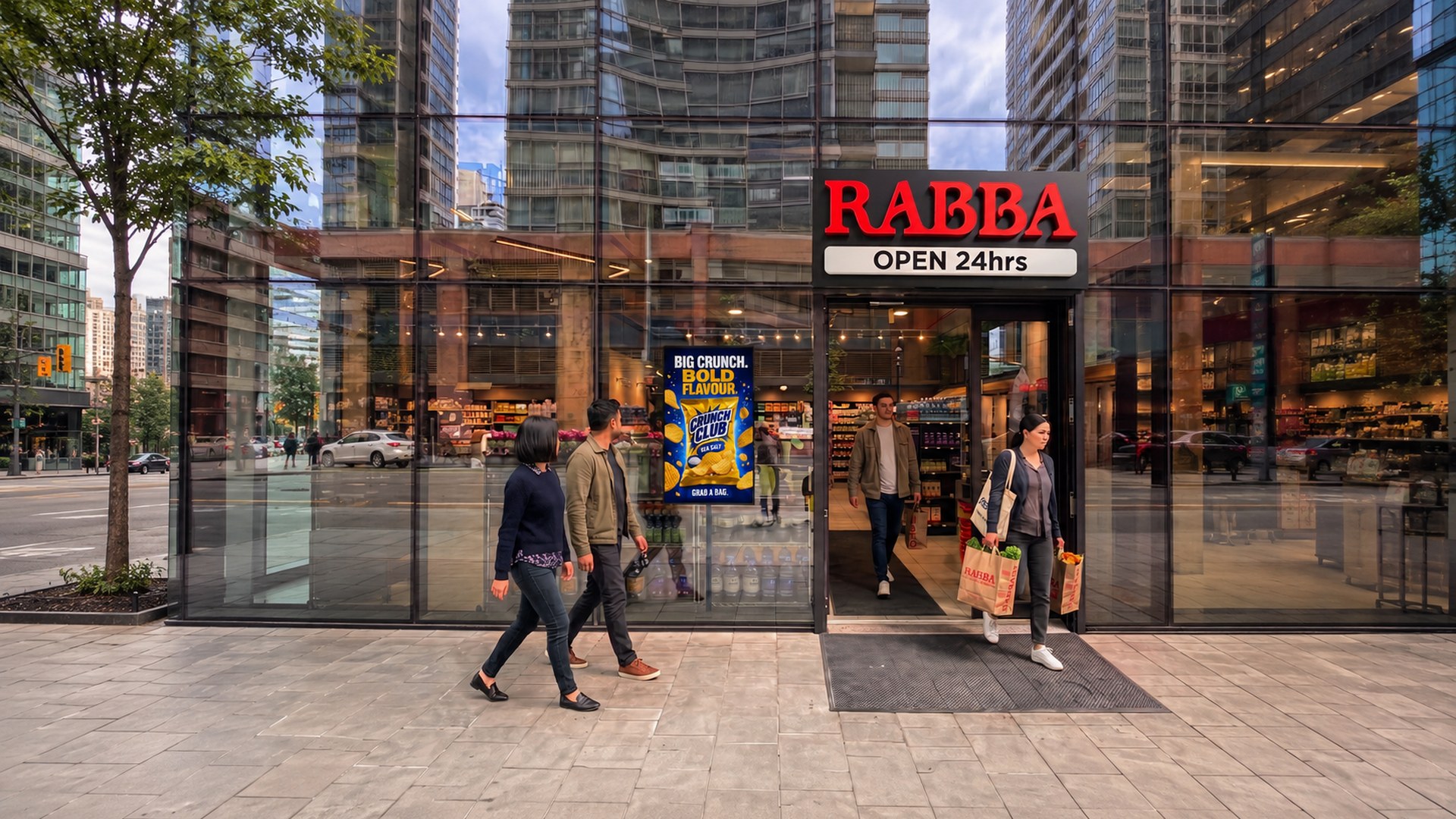Shoppers walking past a Rabba convenience store in Toronto with an in-store retail media digital screen in the window