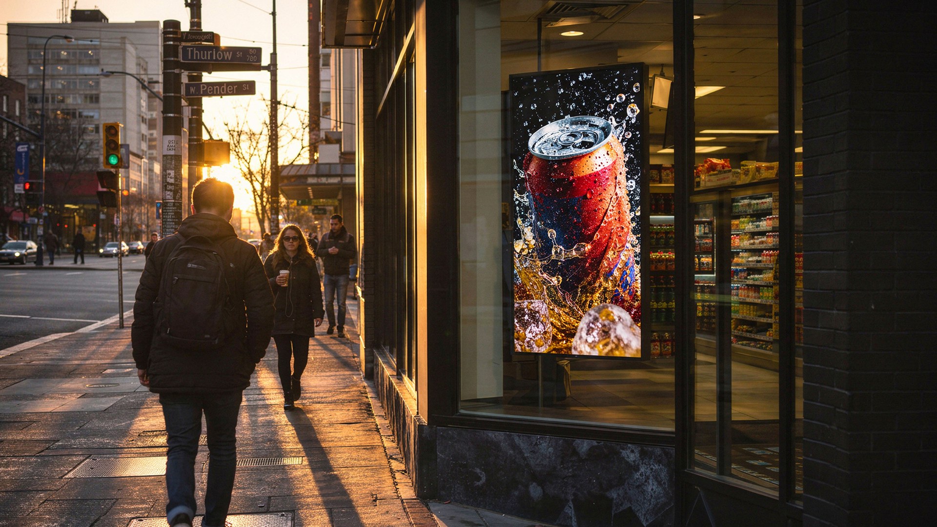 Pedestrians passing a convenience store DOOH screen in downtown Vancouver, the exposure point used to measure DOOH advertising